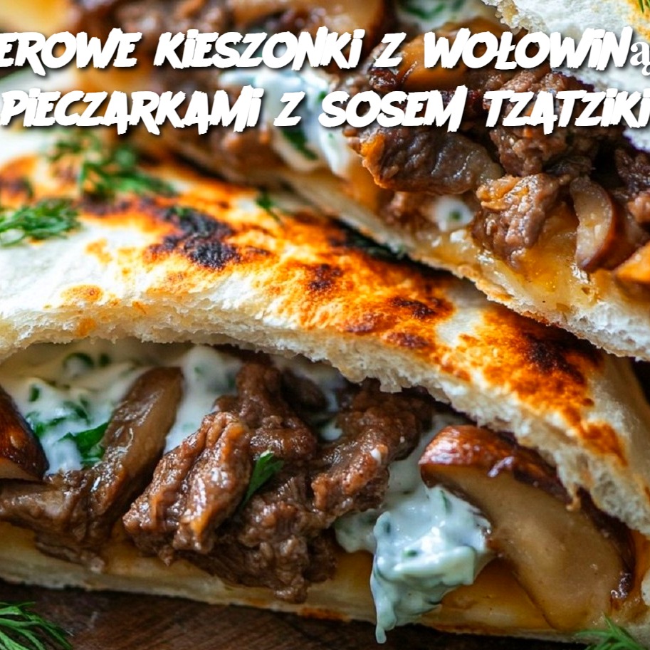 Serowe kieszonki z wołowiną i pieczarkami z sosem tzatziki